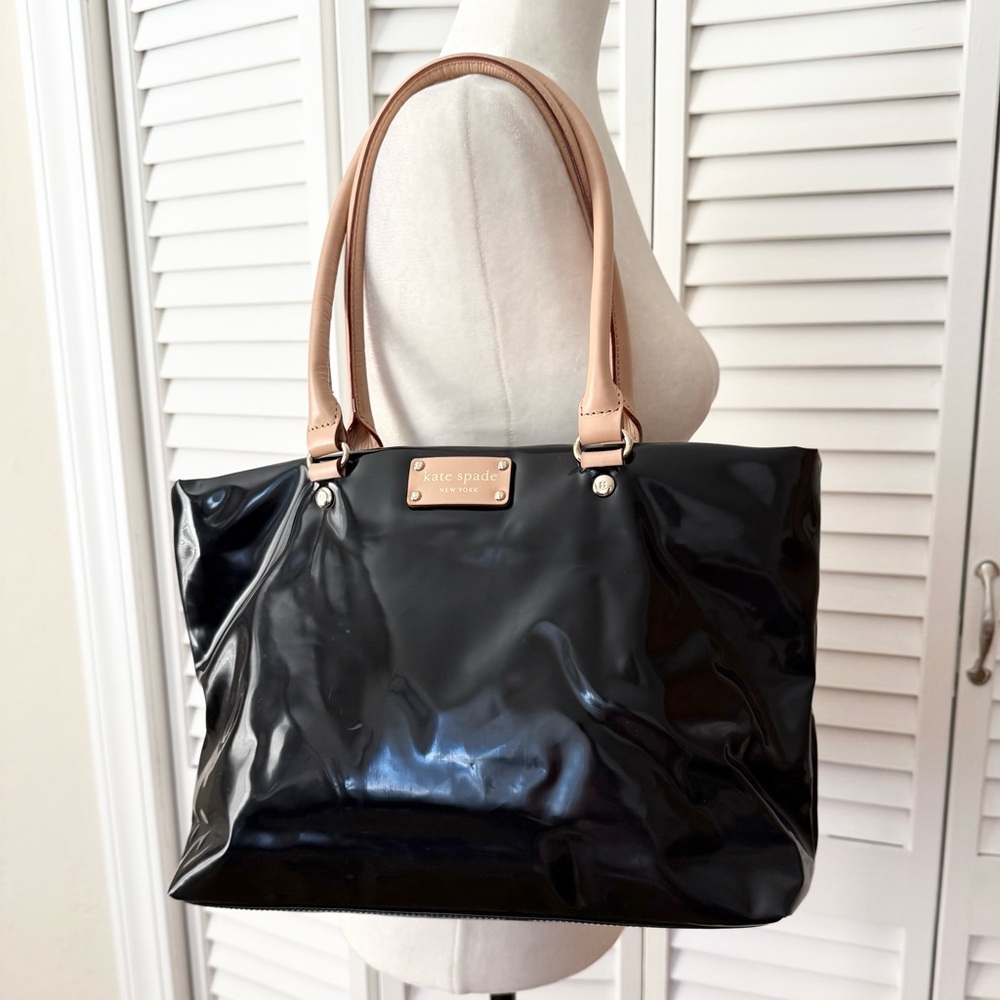 Kate Spade Black Patent Leather Tote with newspaper print lining